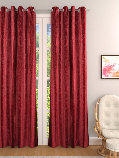 Romee Maroon Damask Patterned Set of 1 Long Door Curtains
