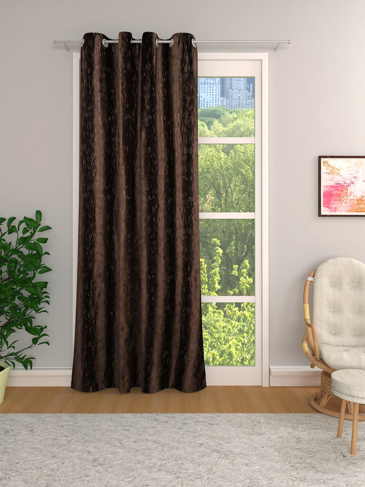Romee Coffee Brown Leafy Patterned Set of 1 Long Door Curtains