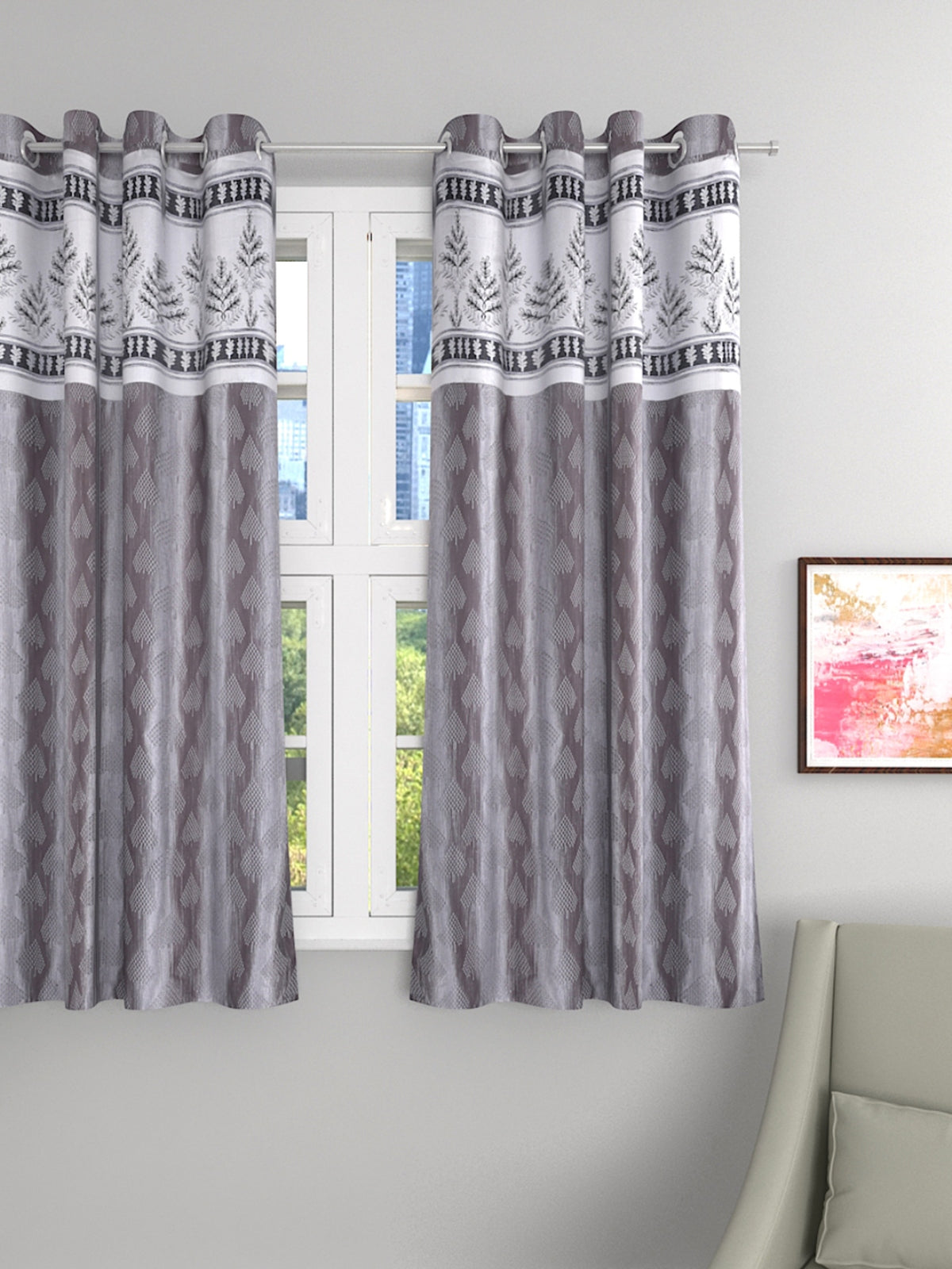 Romee Grey Leafy Patterned Set of 1 Window Curtains