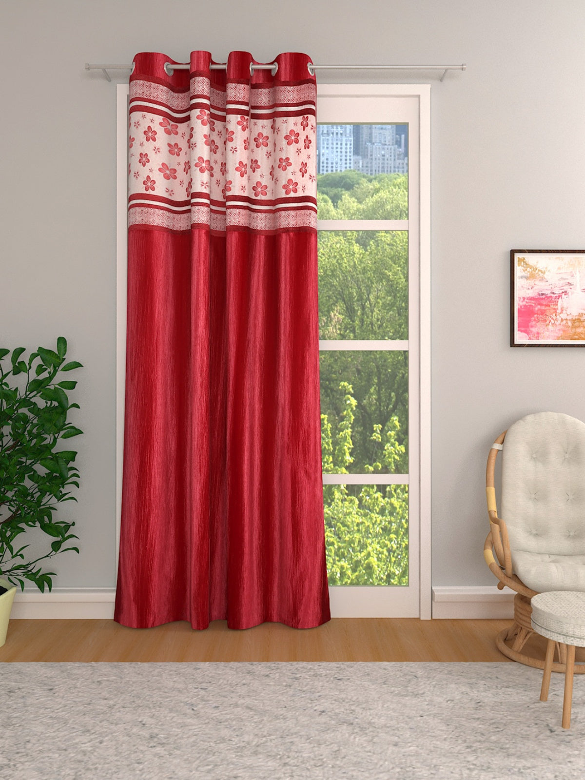 Romee Red Floral Patterned Set of 1 Door Curtains