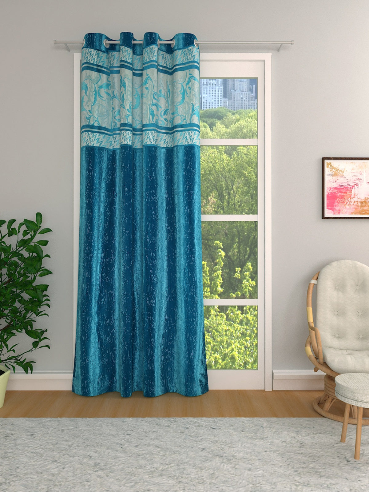 Romee Turquoise Blue Floral Patterned Set of 1 Door Curtains