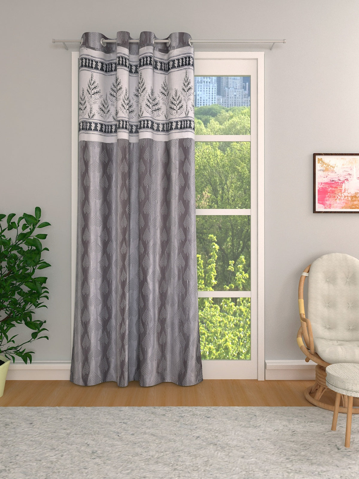 Romee Grey Leafy Patterned Set of 1 Long Door Curtains