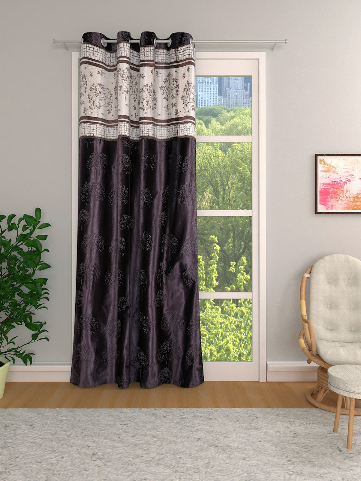 Romee Coffee Brown Floral Patterned Set of 1 Long Door Curtains