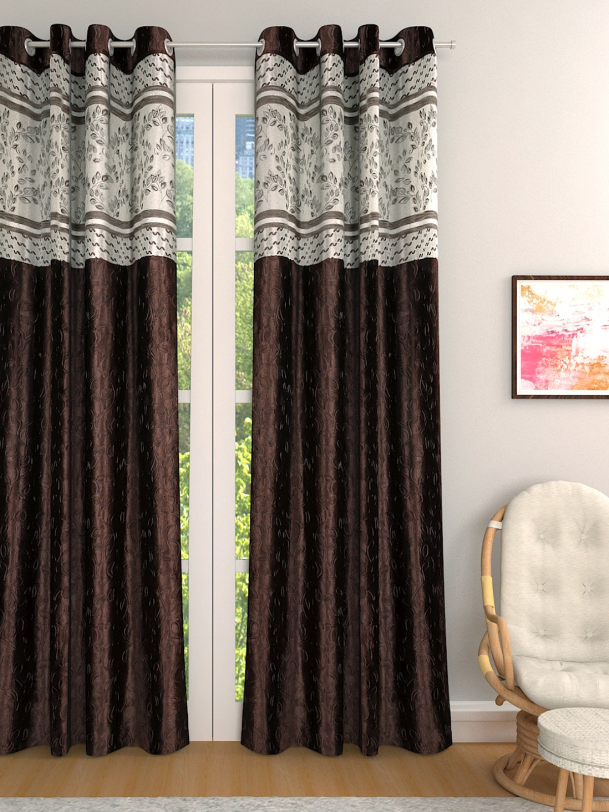 Romee Coffee Brown Leafy Patterned Set of 1 Long Door Curtains