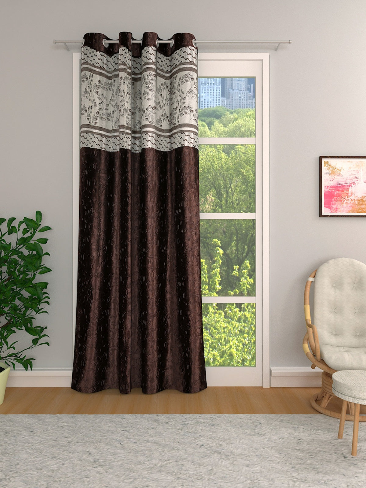 Romee Coffee Brown Leafy Patterned Set of 1 Long Door Curtains