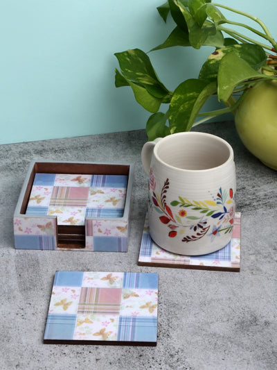 Blue & Cream Set of 6 Wooden Coasters