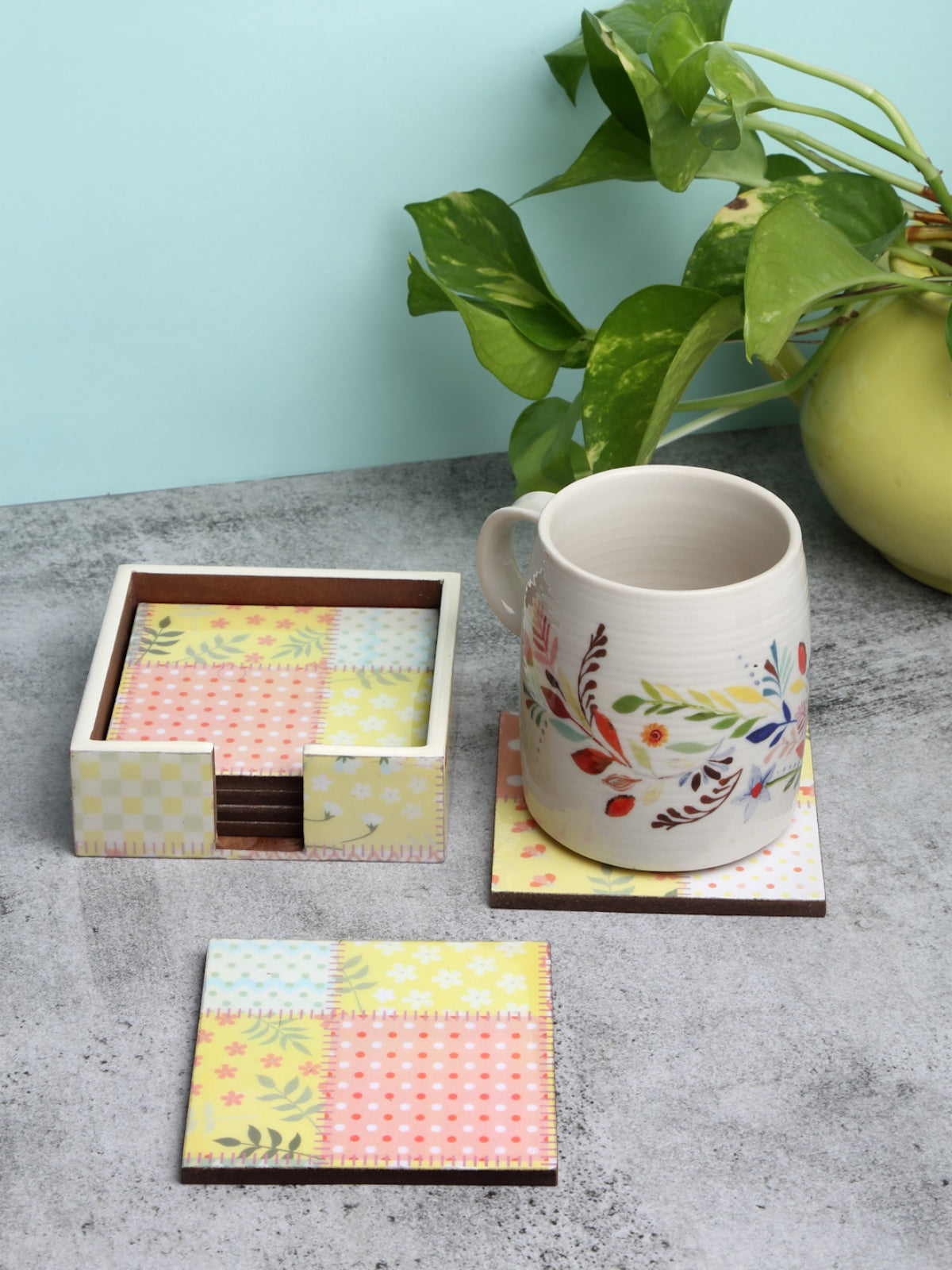 Yellow & Peach Set of 6 Wooden Coasters