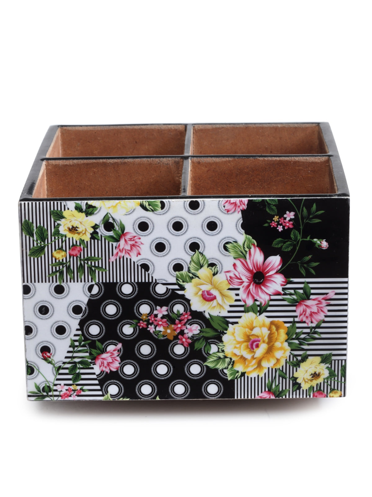 Green & White Floral Patterned 4-Blocks Cutlery Holder