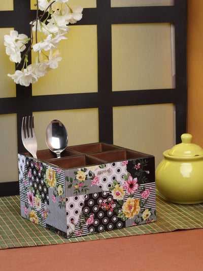 Green & White Floral Patterned 4-Blocks Cutlery Holder