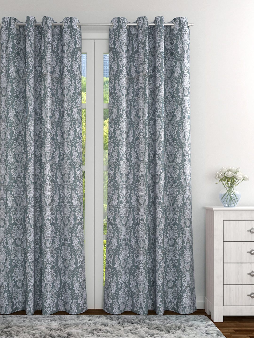 Romee White & Green Damask Patterned Set of 2 Door Curtains