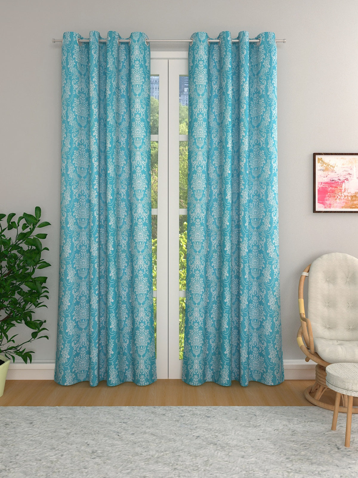 Turquoise Blue & White Set of 2 Damask Room Darkening Door Curtain
