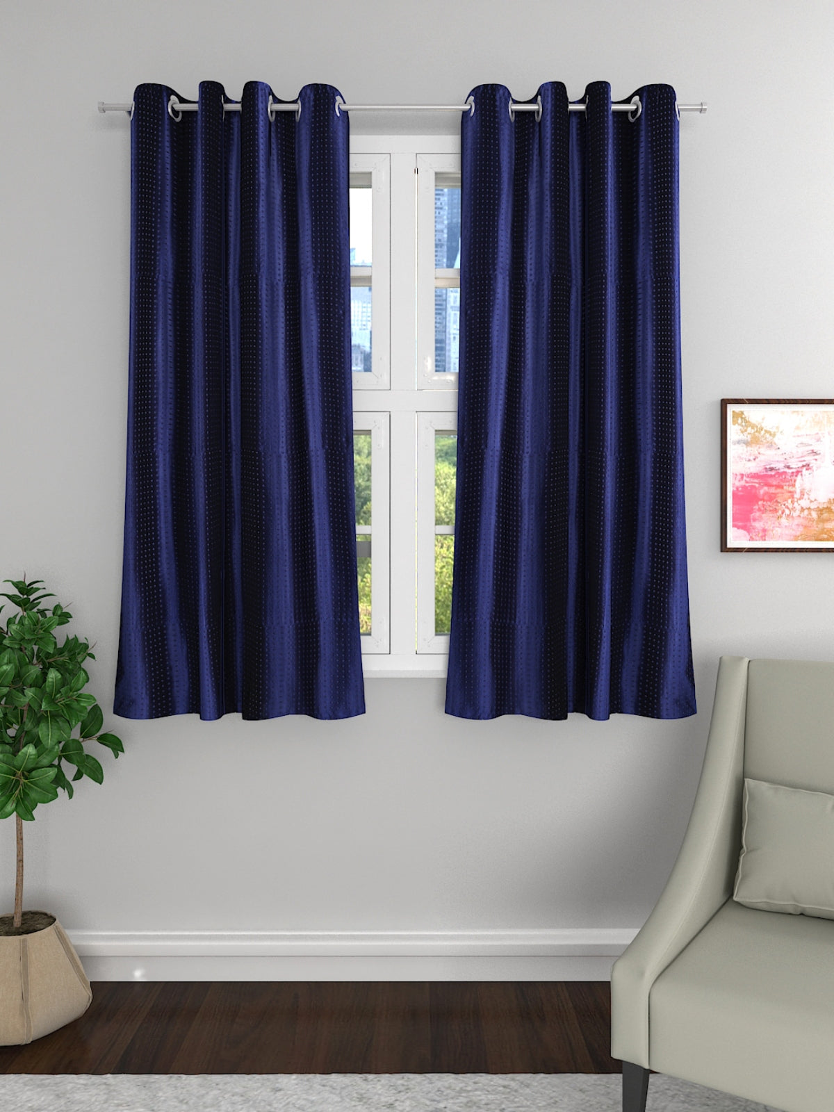 Romee Royal Blue Solid Patterned Set of 2 Window Curtains