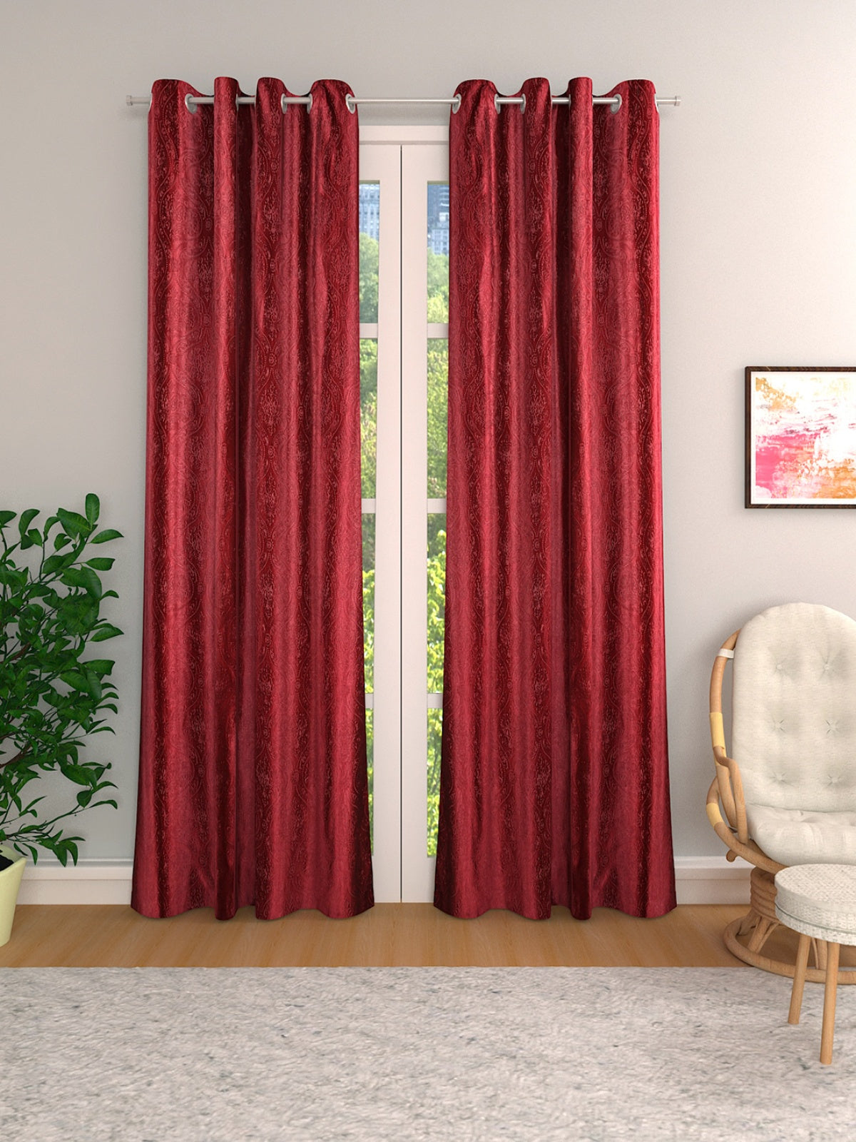Romee Maroon Damask Patterned Set of 2 Long Door Curtains