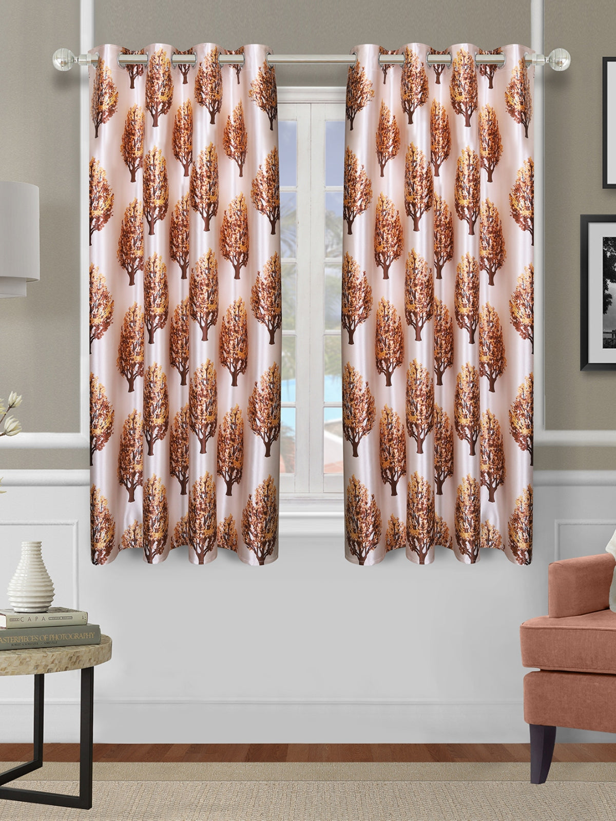 Romee Beige Tree Patterned Set of 2 Window Curtains