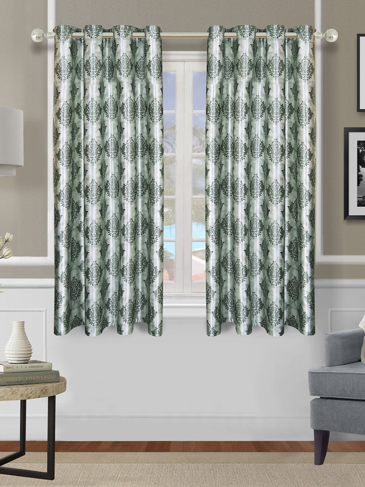 Romee Teal Green Damask Patterned Set of 2 Window Curtains