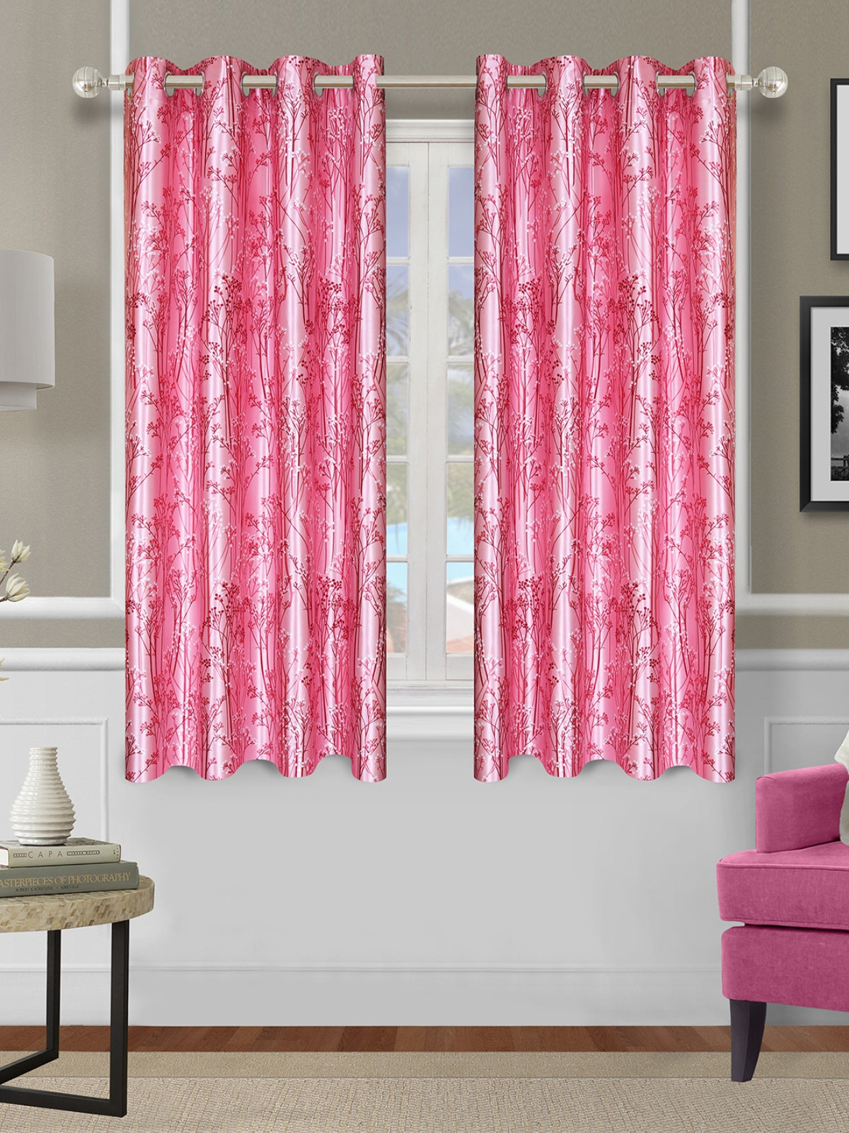 Romee Pink Leafy Patterned Set of 2 Window Curtains