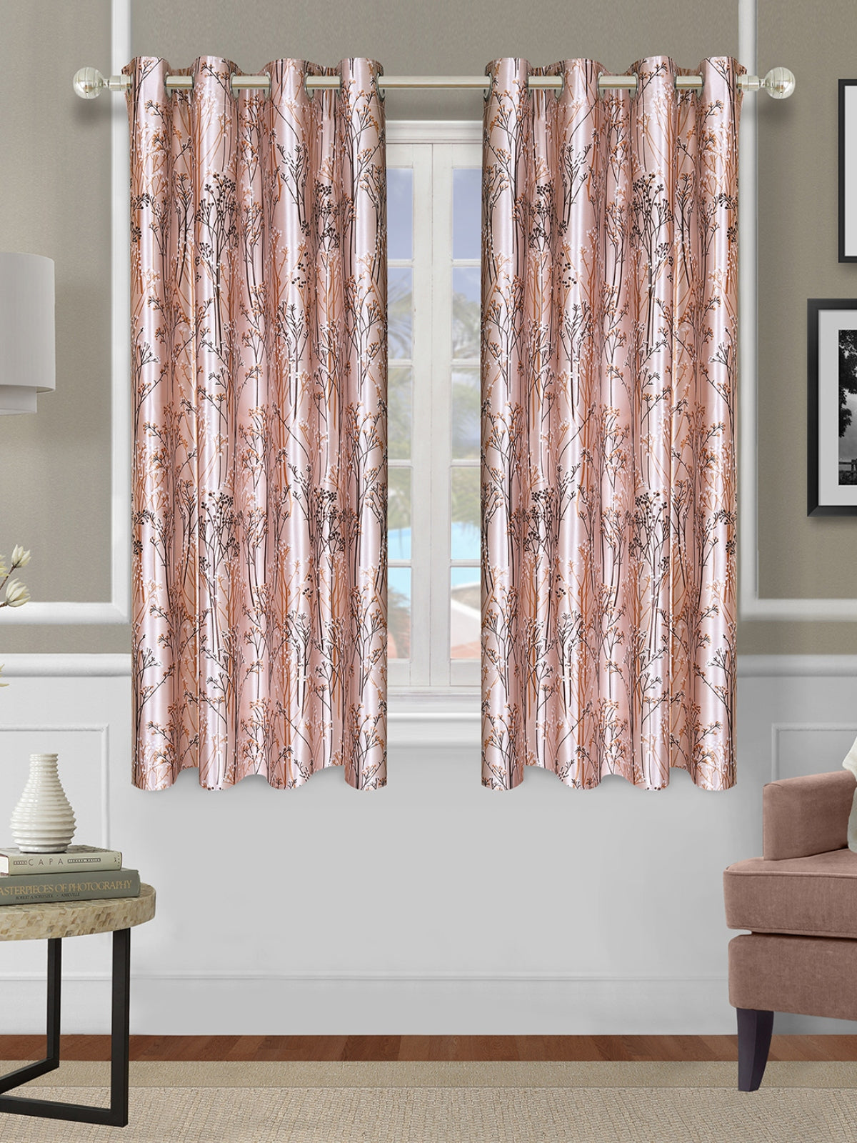 Romee Beige Leafy Patterned Set of 2 Window Curtains