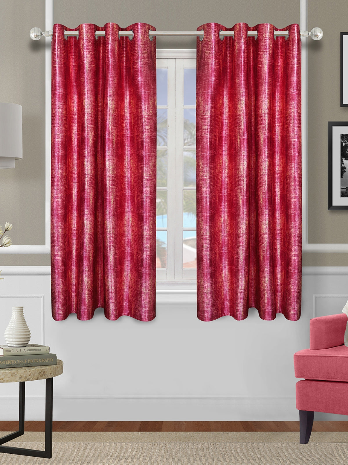 Romee Pink Texture Patterned Set of 2 Window Curtains