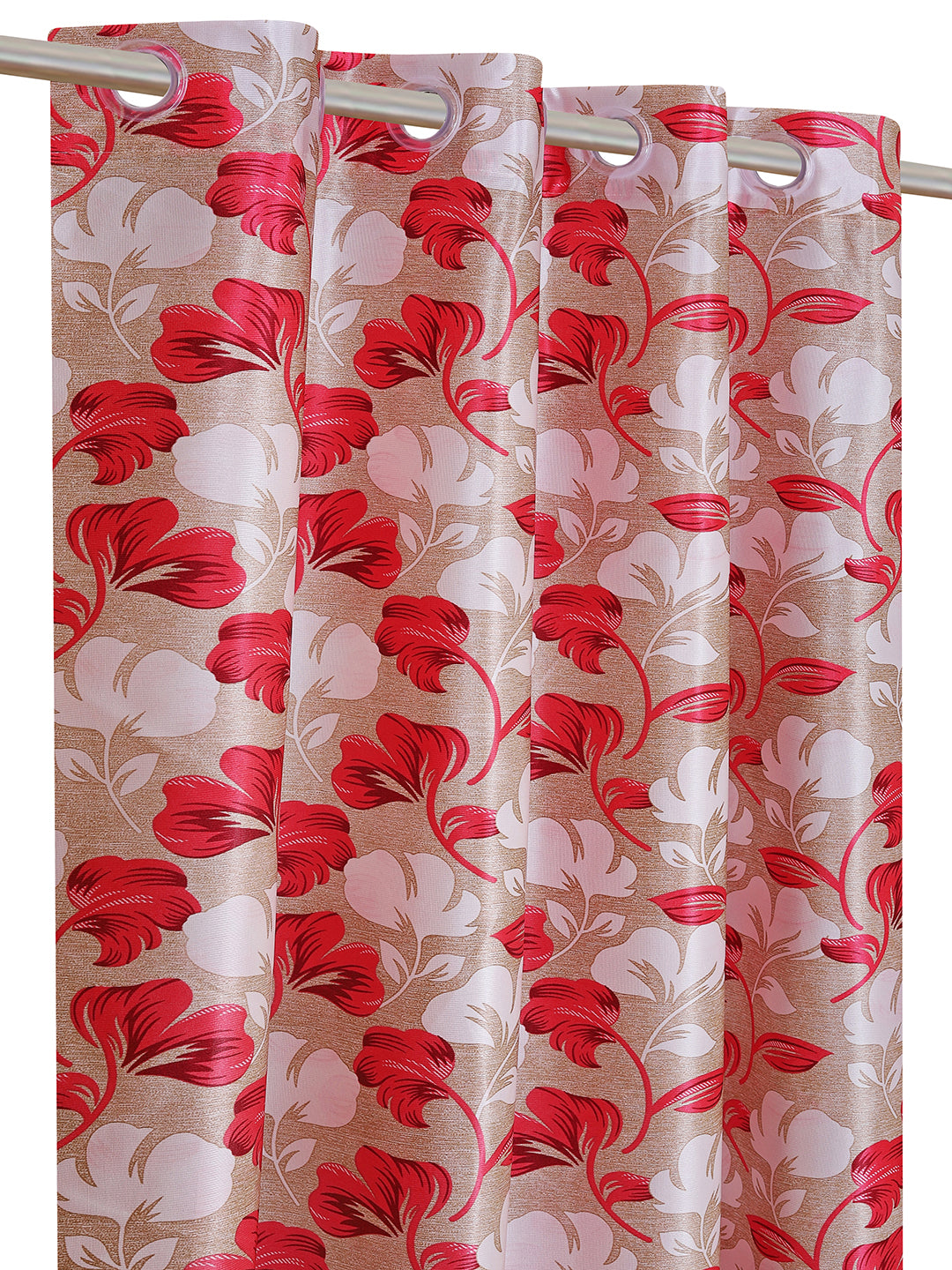 Romee Beige & Red Floral Patterned Set of 2 Window Curtains