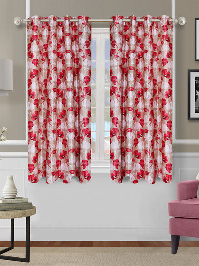 Romee Beige & Red Floral Patterned Set of 2 Window Curtains