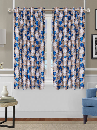 Romee Beige & Blue Floral Patterned Set of 2 Window Curtains