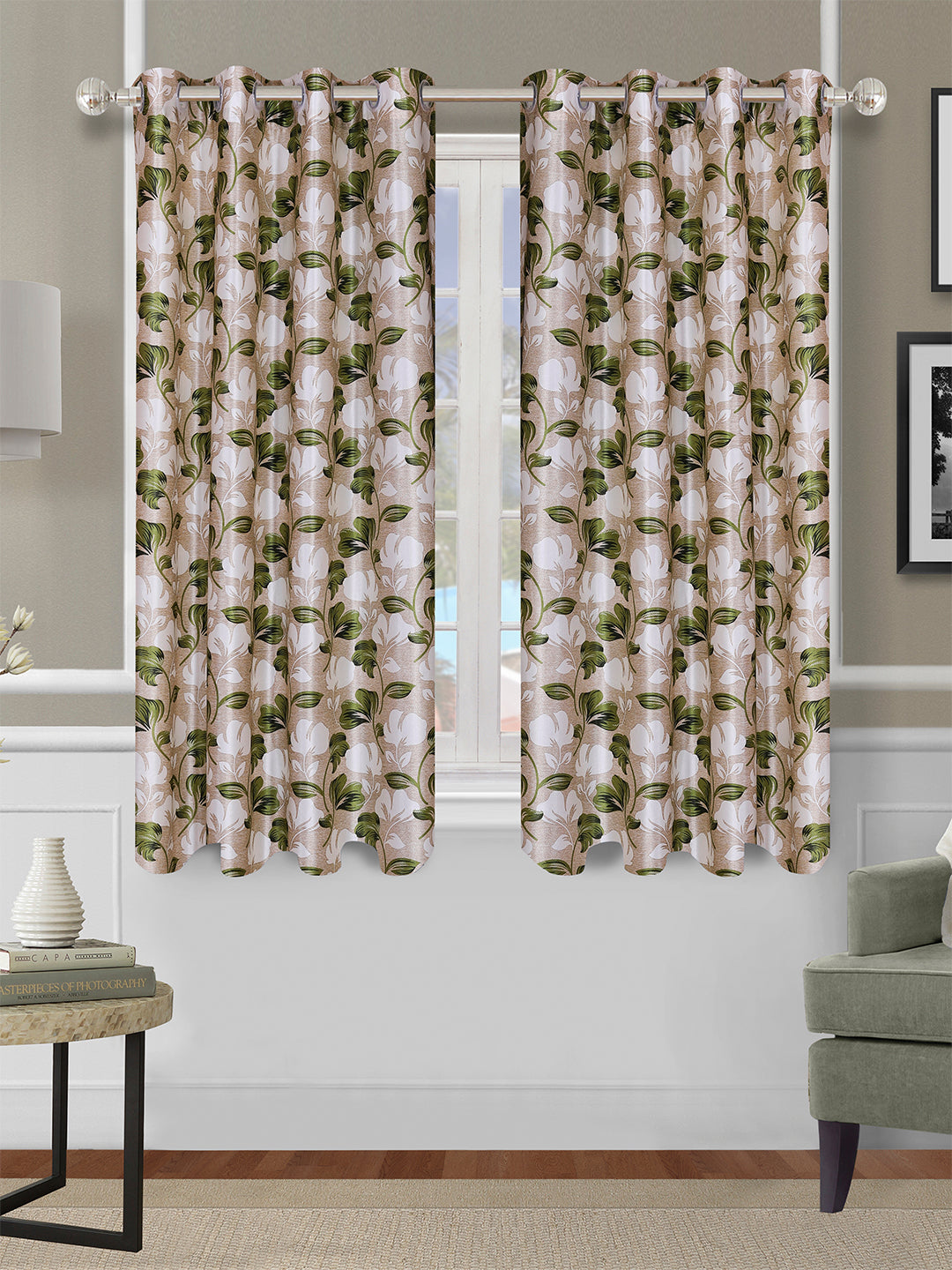 Romee Beige & Green Floral Patterned Set of 2 Window Curtains