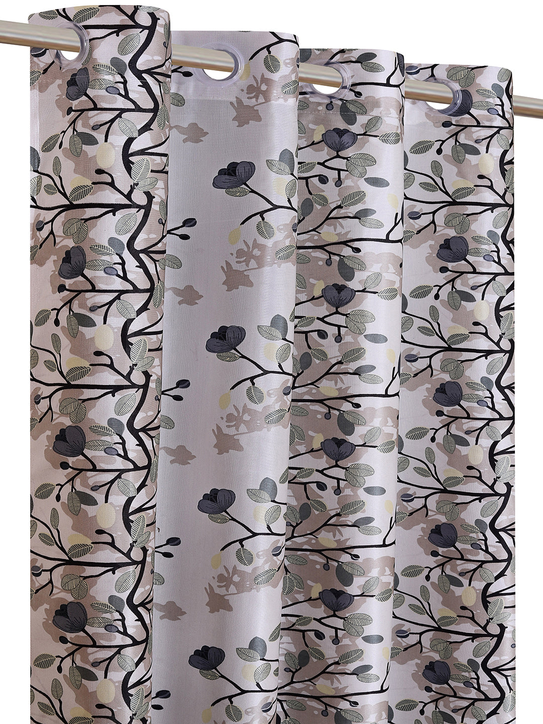 Romee Off White & Green Floral Patterned Set of 2 Window Curtains