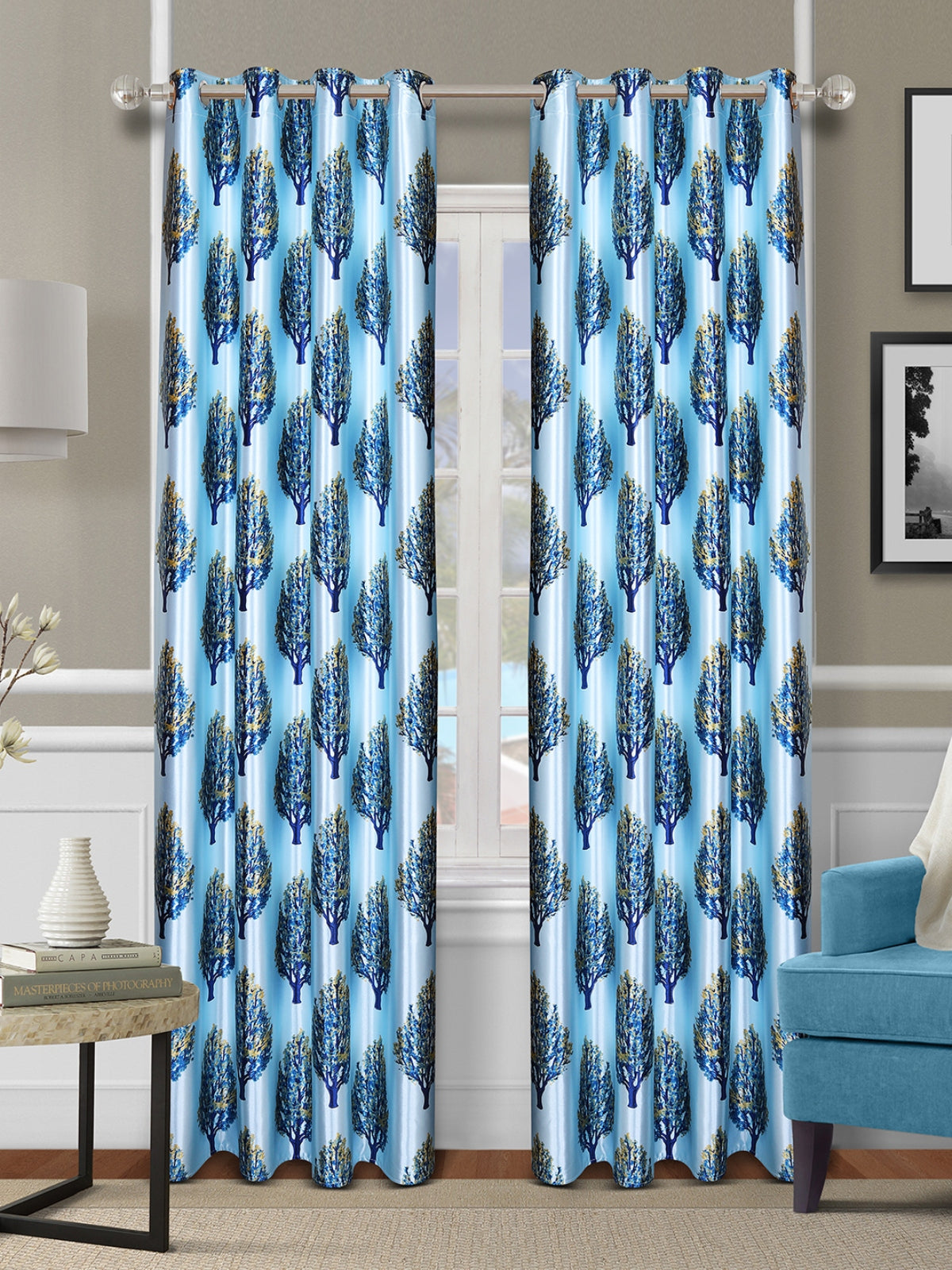 Romee Sky Blue Tree Patterned Set of 2 Door Curtains