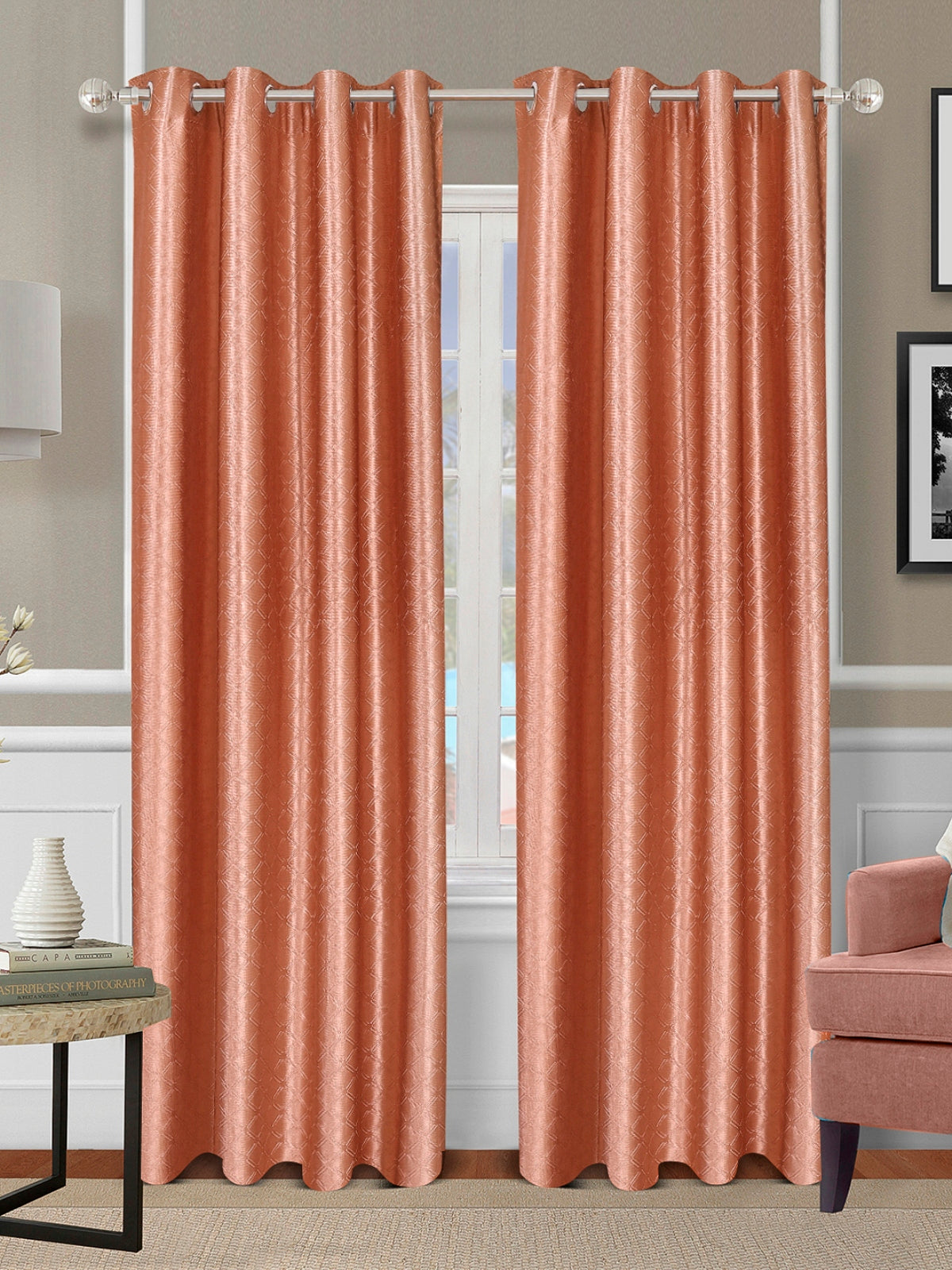 Romee Orange Geometric Patterned Set of 2 Door Curtains