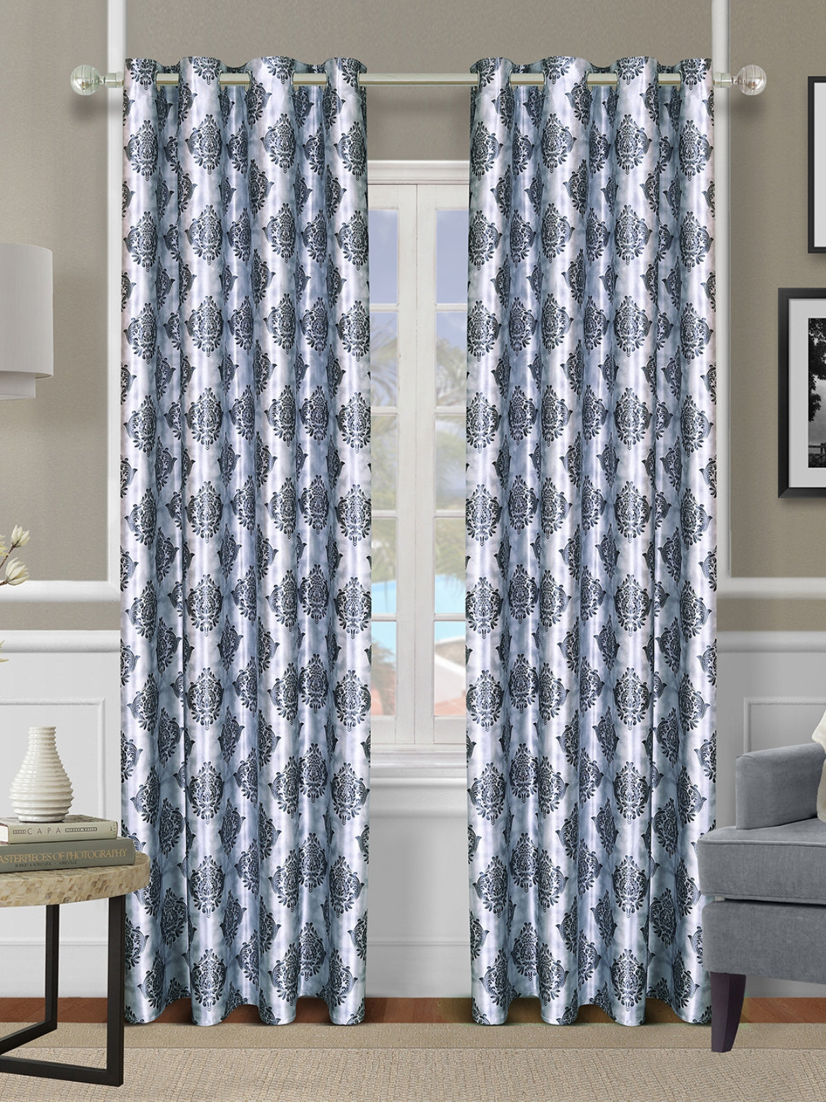 Romee Grey Damask Patterned Set of 2 Door Curtains