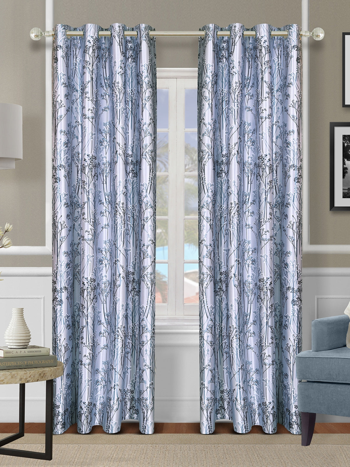 Romee Blue & Off White Leafy Patterned Set of 2 Door Curtains