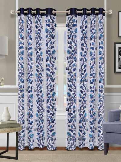 Romee Blue & Off White Floral Patterned Set of 2 Door Curtains