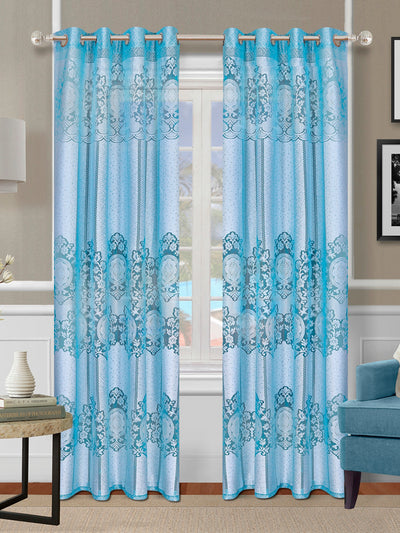 Romee Turquoise & Silver Floral Patterned Set of 2 Door Curtains