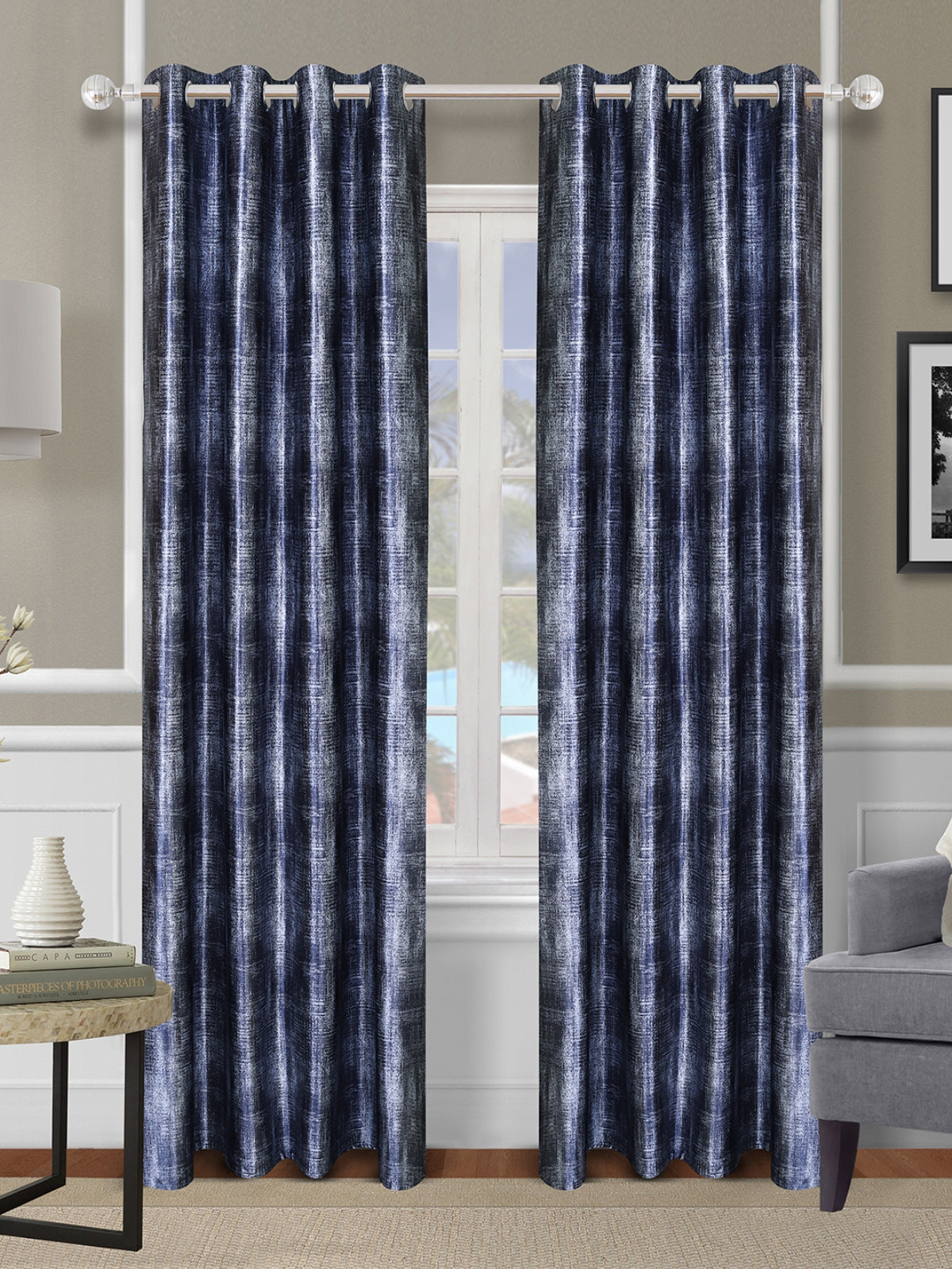 Romee Blue & Silver Texture Patterned Set of 2 Door Curtains