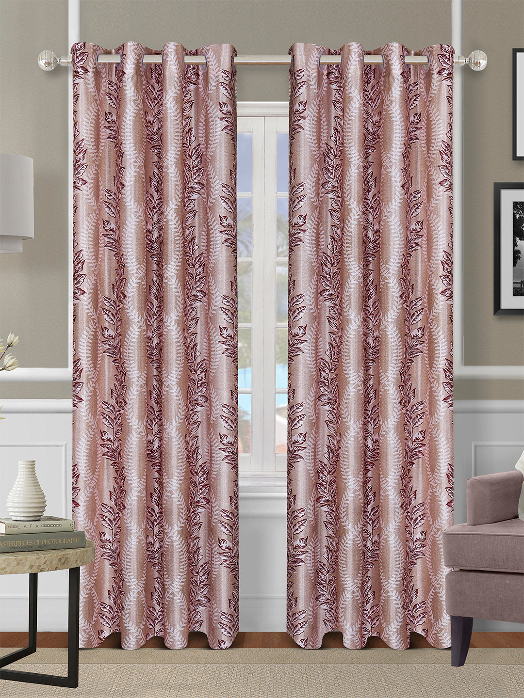 Romee Beige & Maroon Floral Patterned Set of 2 Door Curtains