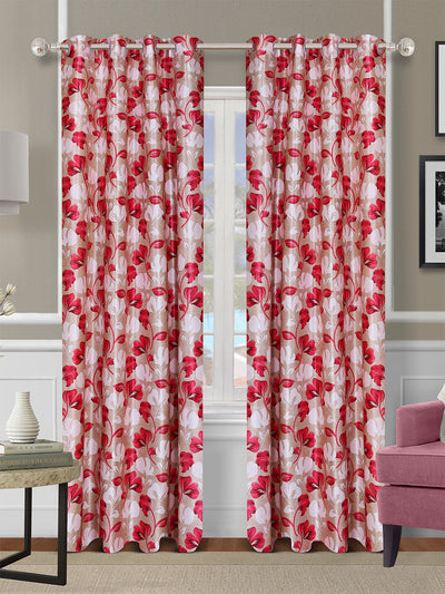 Romee Beige & Red Floral Patterned Set of 2 Door Curtains