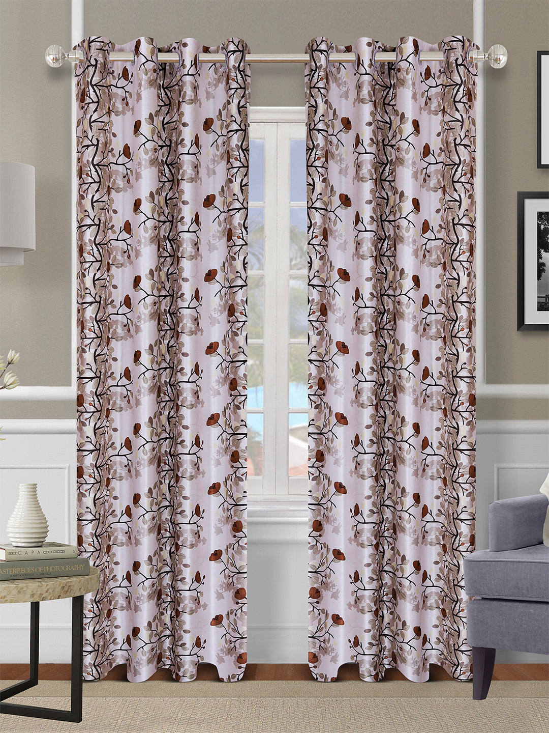 Romee Off White & Brown Floral Patterned Set of 2 Door Curtains