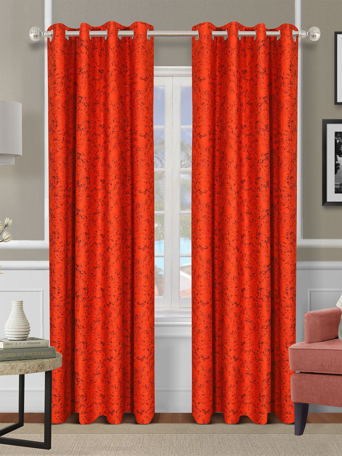 Romee Red Texture Patterned Set of 2 Door Curtains
