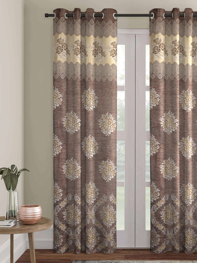 Romee Brown & Beige Floral Patterned Set of 1 Door Curtains
