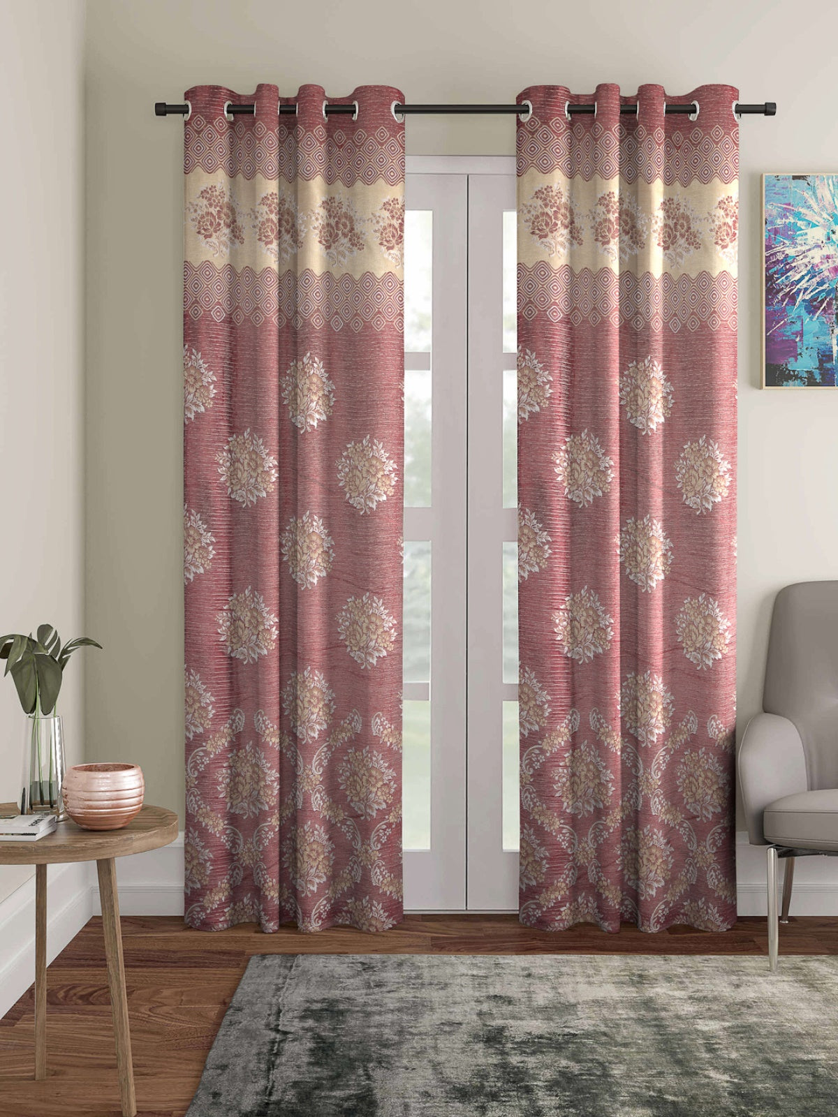 Romee Mroon & Beige Floral Patterned Set of 2 Door Curtains