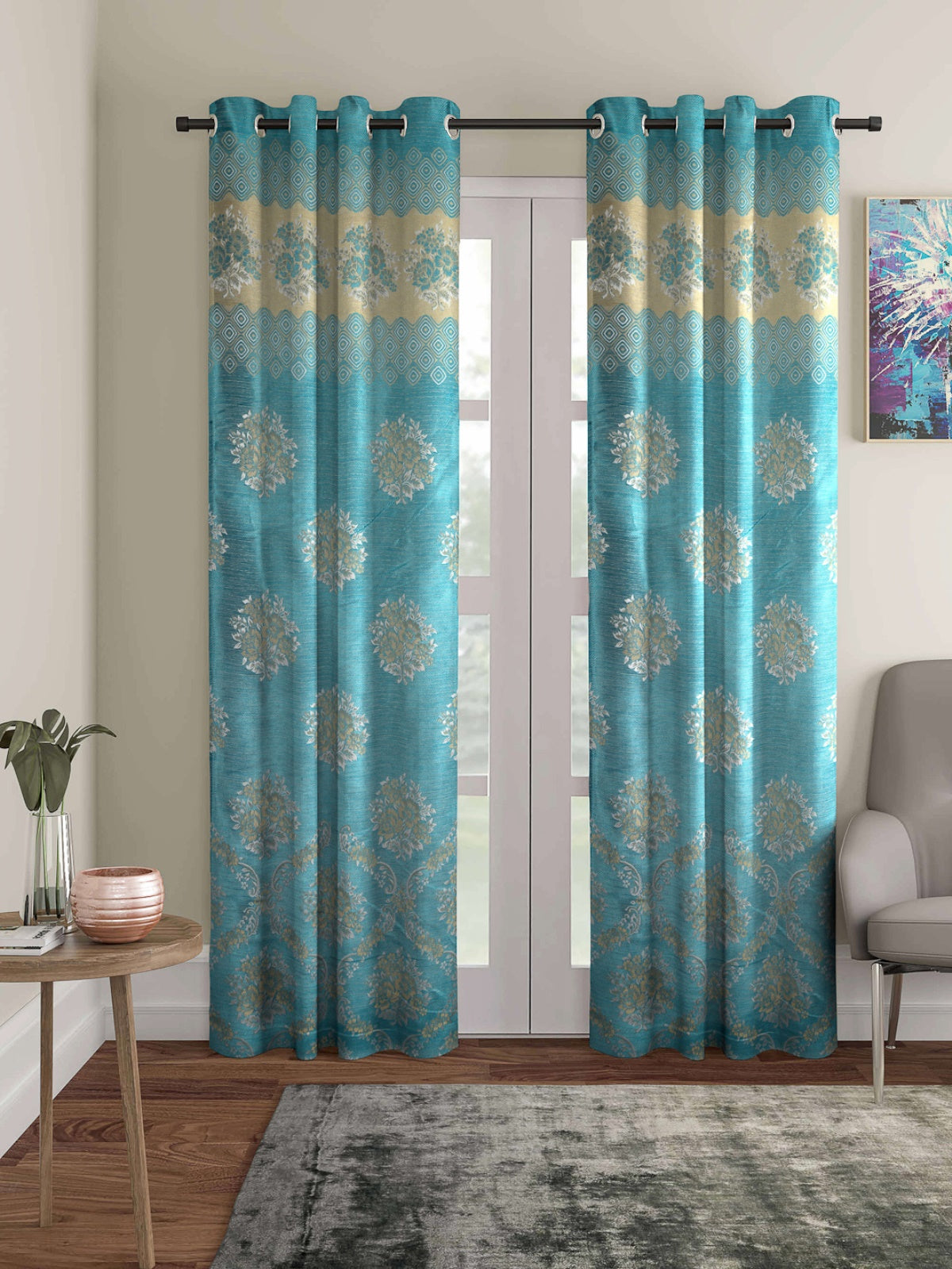 Romee Turquoise & Beige Floral Patterned Set of 2 Door Curtains