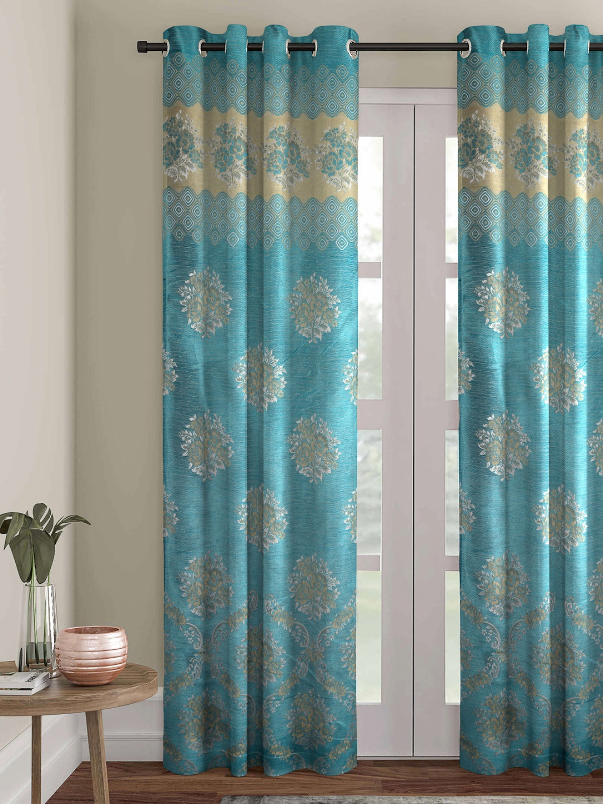 Romee Turquoise & Beige Floral Patterned Set of 1 Door Curtains