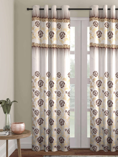Romee Brown & White Floral Patterned Set of 1 Door Curtains