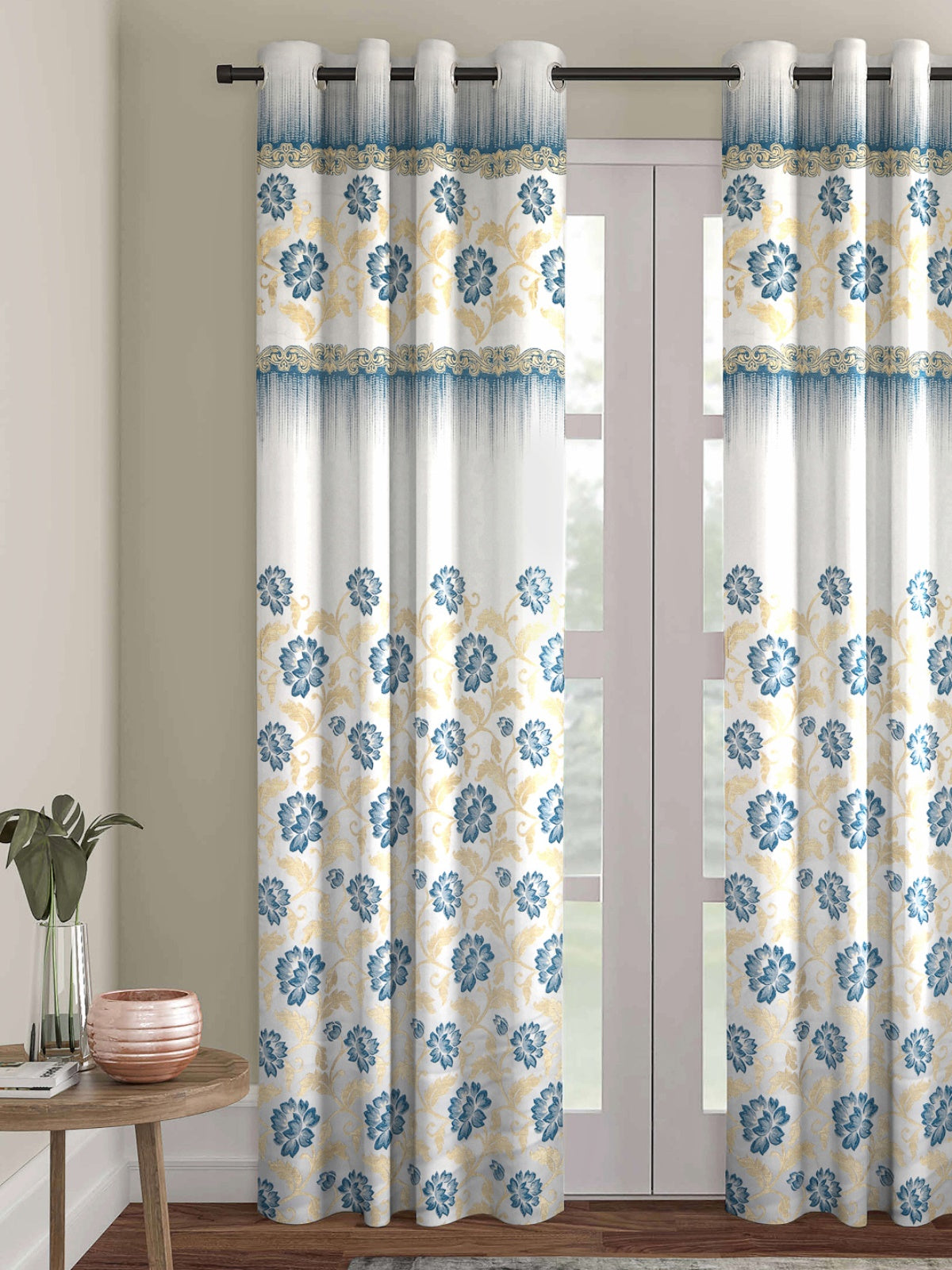 Romee Blue & White Floral Patterned Set of 1 Door Curtains