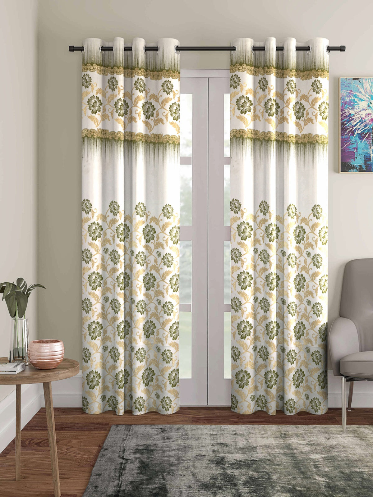 Romee Green & White Floral Patterned Set of 2 Door Curtains