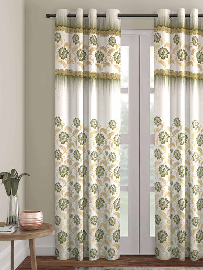 Romee Green & White Floral Patterned Set of 1 Door Curtains