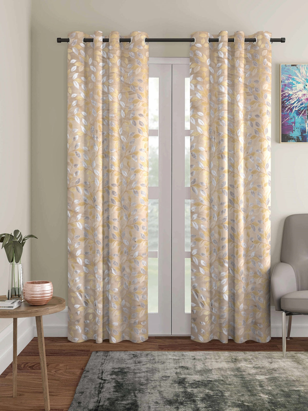 Romee Cream & Gold Leafy Patterned Set of 2 Door Curtains
