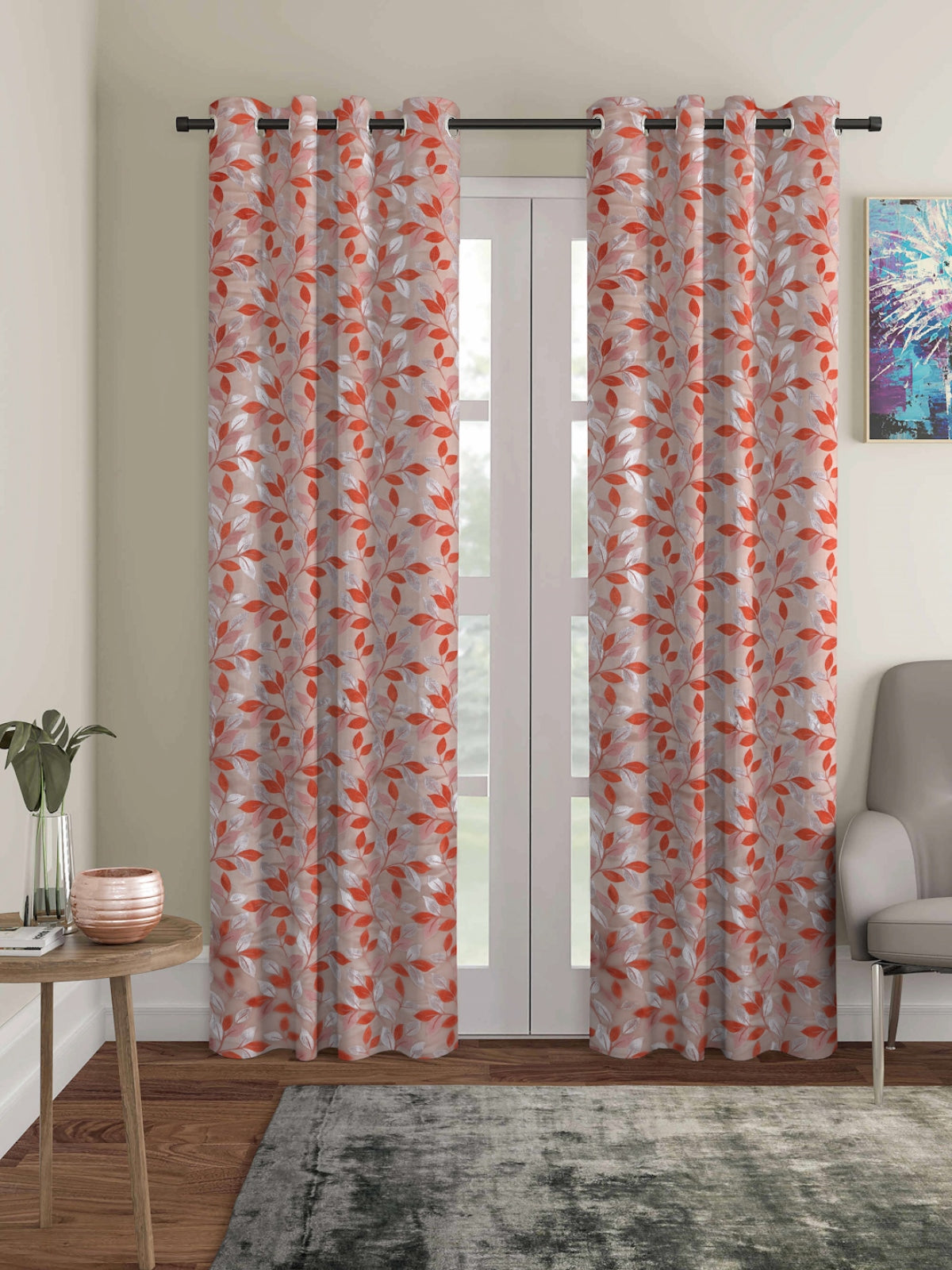 Romee Orange & Beige Leafy Patterned Set of 2 Door Curtains