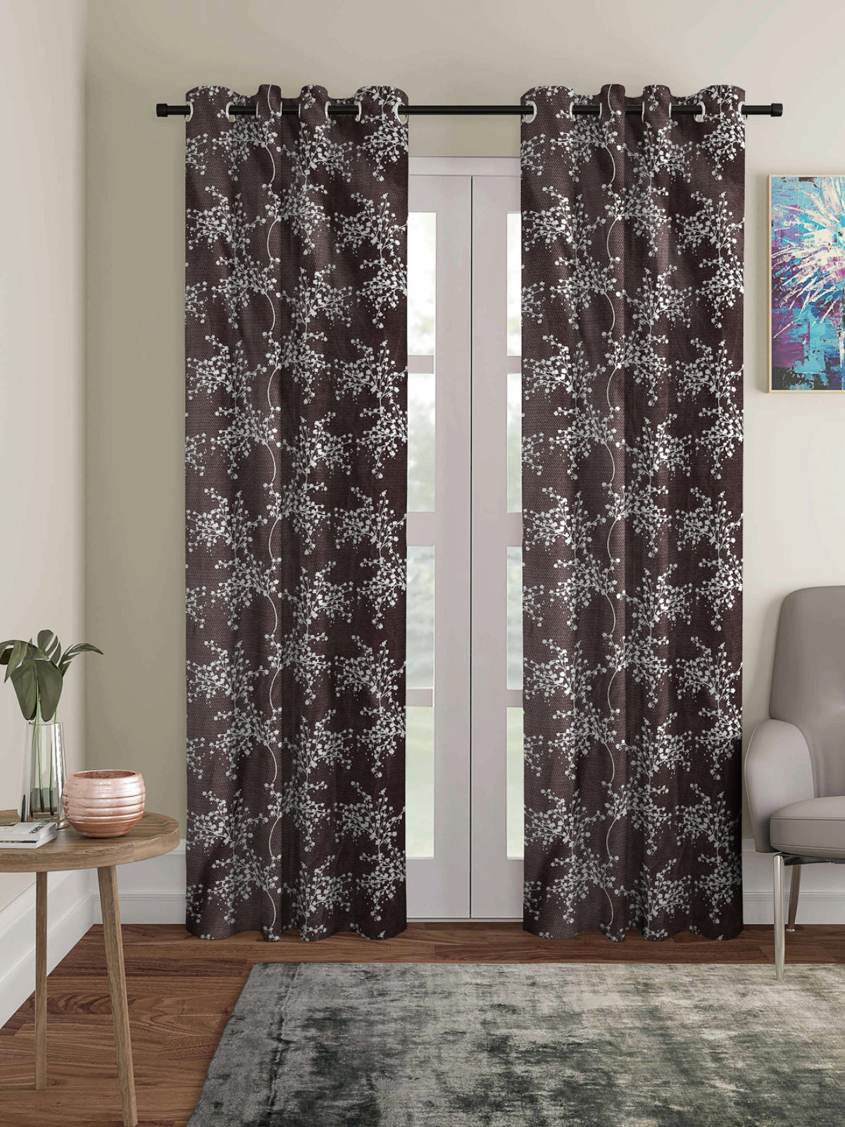Romee Coffee Brown Floral Patterned Set of 2 Door Curtains