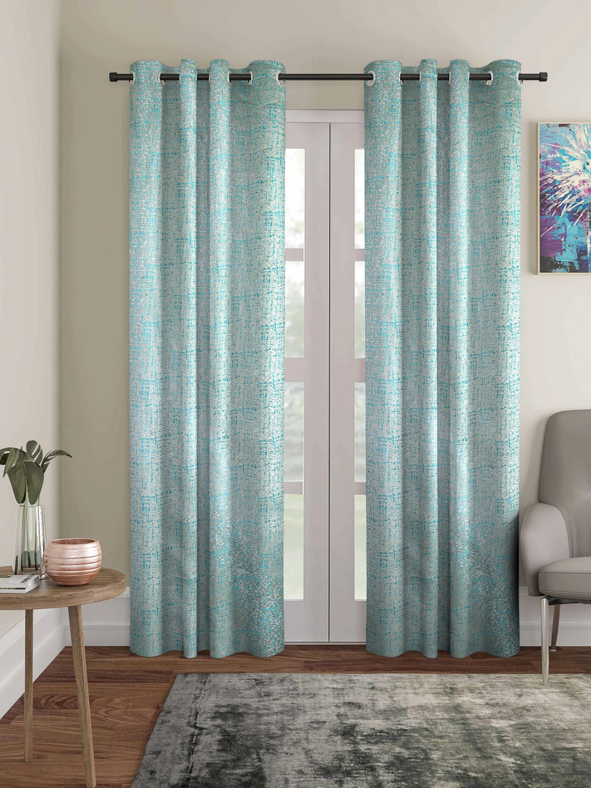 Romee Turquoise & Silver Texture Patterned Set of 2 Door Curtains